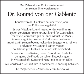 Traueranzeige von Konrad von der Gablentz von Tagesspiegel