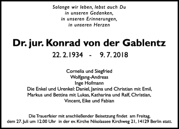 Traueranzeige von Konrad von der Gablentz von Tagesspiegel