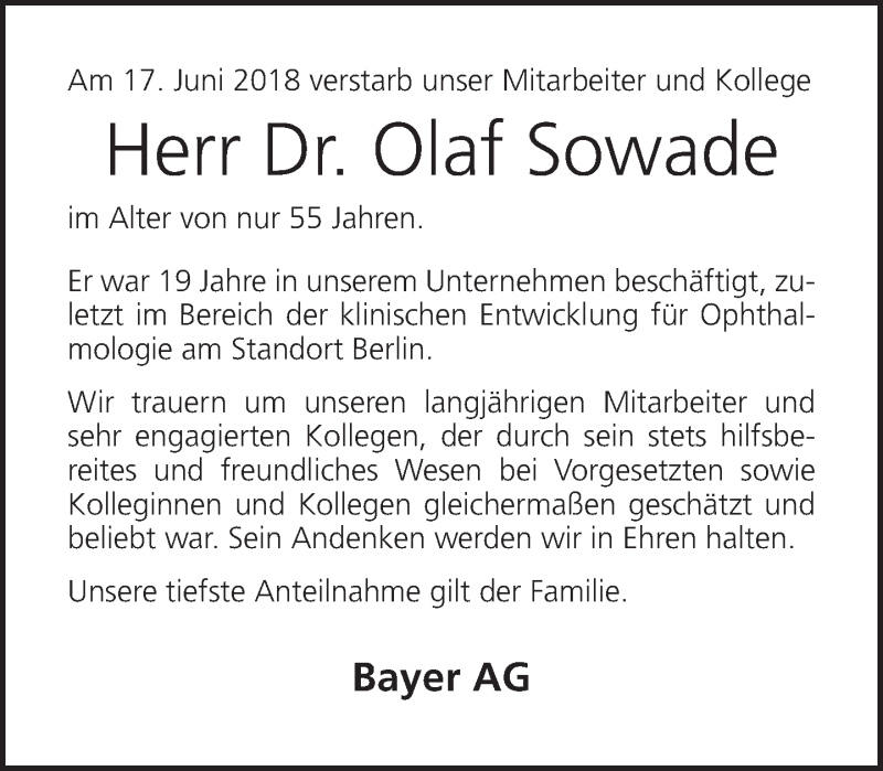 Traueranzeige für Olaf Sowade vom 08.07.2018 aus Tagesspiegel
