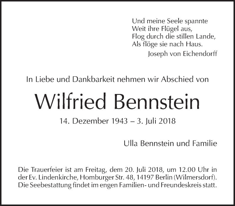  Traueranzeige für Wilfried Bennstein vom 15.07.2018 aus Tagesspiegel