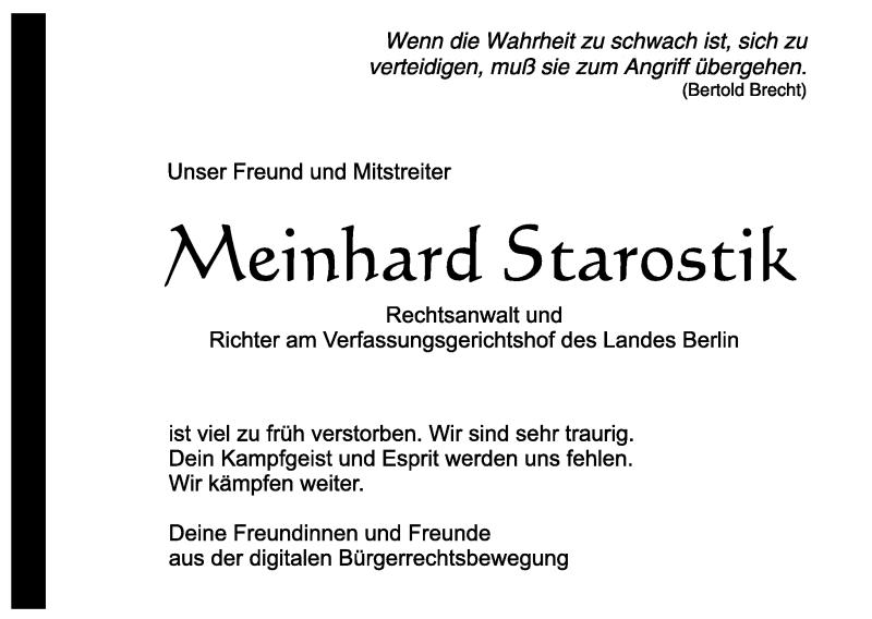  Traueranzeige für Meinhard Starostik vom 24.06.2018 aus Tagesspiegel