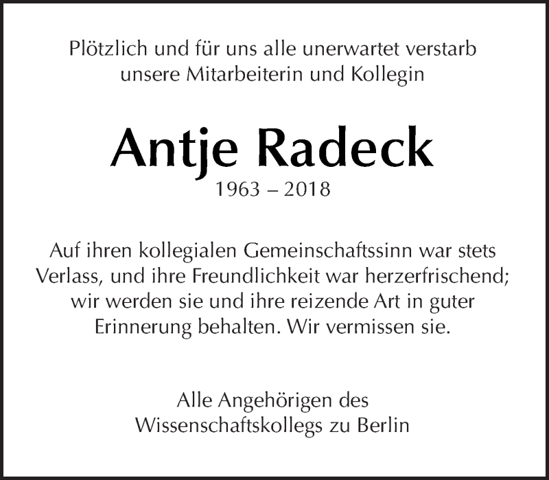  Traueranzeige für Antje Radeck vom 12.08.2018 aus Tagesspiegel