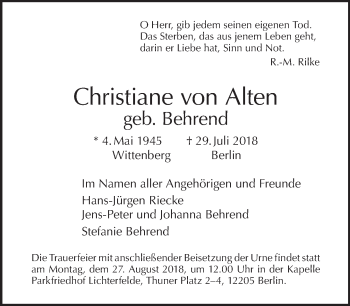 Traueranzeige von Christiane von Alten von Tagesspiegel