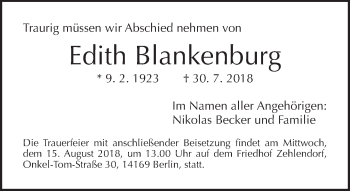 Traueranzeige von Edith Blankenburg von Tagesspiegel