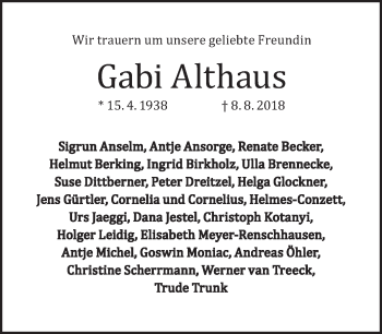 Traueranzeige von Gabi Althaus von Tagesspiegel