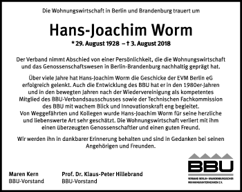 Traueranzeige von Hans-Joachim Worm von Tagesspiegel