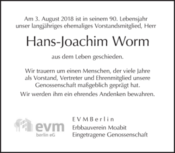 Traueranzeige von Hans-Joachim Worm von Tagesspiegel