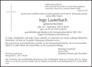 Traueranzeige von Inge Lauterbach von Tagesspiegel