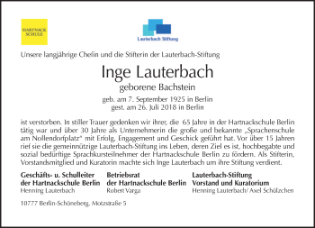 Traueranzeige von Inge Lauterbach von Tagesspiegel