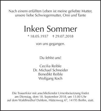 Traueranzeige von Inken Sommer von Tagesspiegel