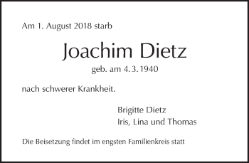 Traueranzeige von Joachim Dietz von Tagesspiegel