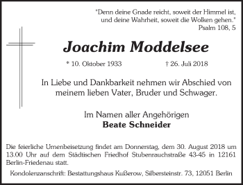 Traueranzeige von Joachim Moddelsee von Tagesspiegel