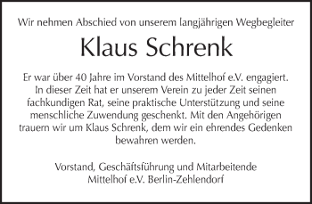 Traueranzeige von Klaus Schrenk von Tagesspiegel