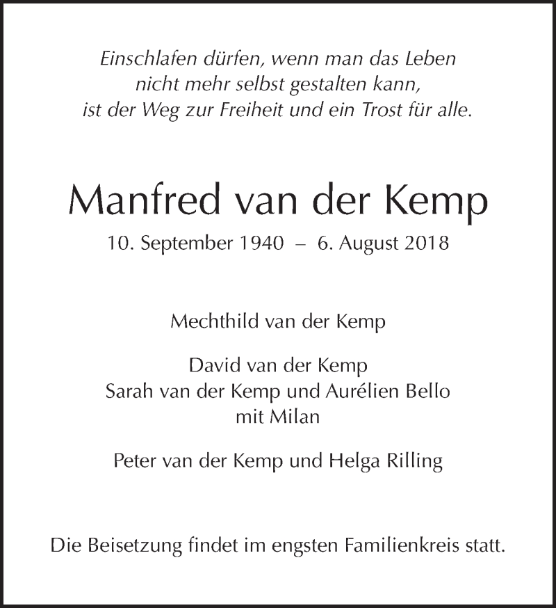  Traueranzeige für Manfred van der Kemp vom 12.08.2018 aus Tagesspiegel
