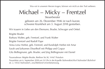 Traueranzeige von Michael Frentzel von Tagesspiegel