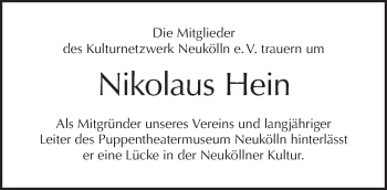 Traueranzeige von Nikolaus Hein von Tagesspiegel