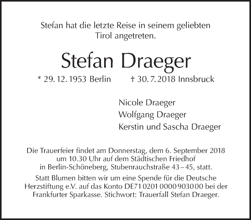  Traueranzeige für Stefan Draeger vom 19.08.2018 aus Tagesspiegel