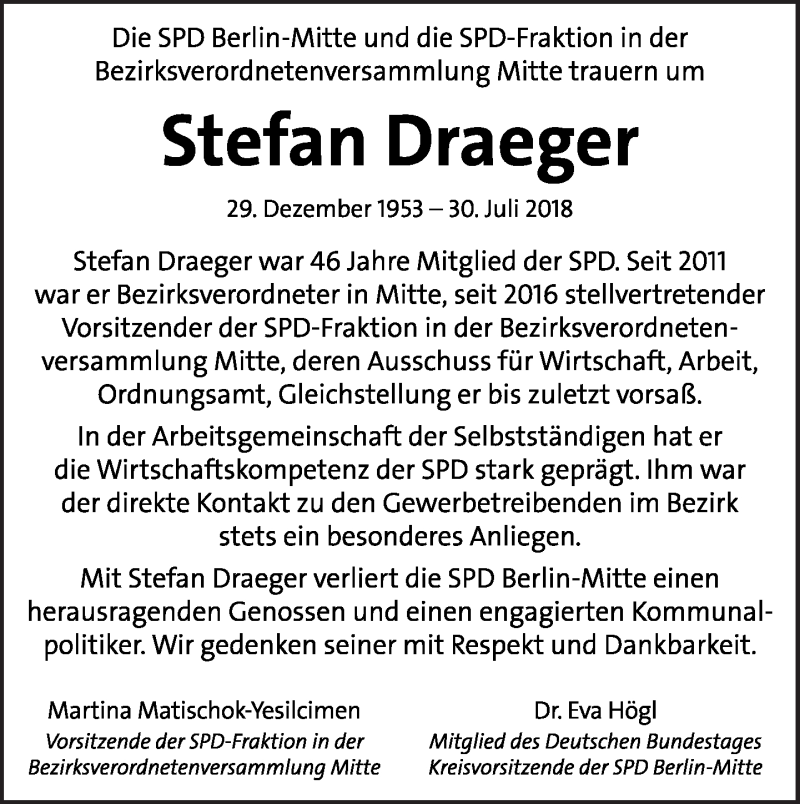  Traueranzeige für Stefan Draeger vom 12.08.2018 aus Tagesspiegel
