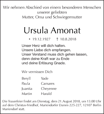 Traueranzeige von Ursula Amonat von Tagesspiegel