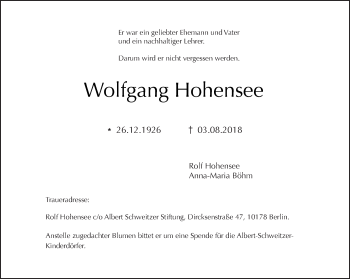 Traueranzeige von Wolfgang Hohensee von Tagesspiegel