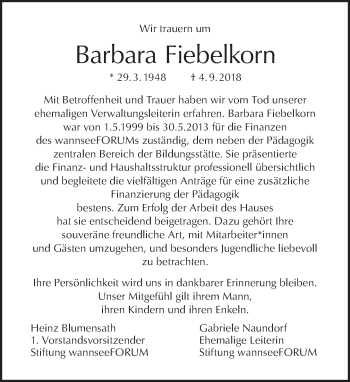 Traueranzeige von Barbara Fiebelkorn von Tagesspiegel