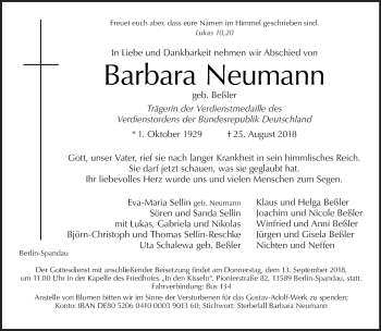 Traueranzeige von Barbara Neumann von Tagesspiegel