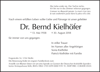 Traueranzeige von Bernd Kielhöfer von Tagesspiegel