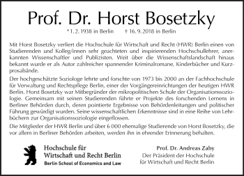 Traueranzeige von Horst Bosetzky von Tagesspiegel