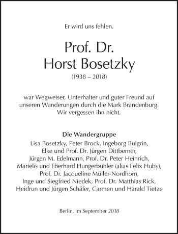 Traueranzeige von Horst Bosetzky von Tagesspiegel