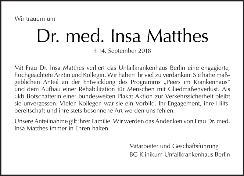  Traueranzeige für Insa Matthes vom 23.09.2018 aus Tagesspiegel