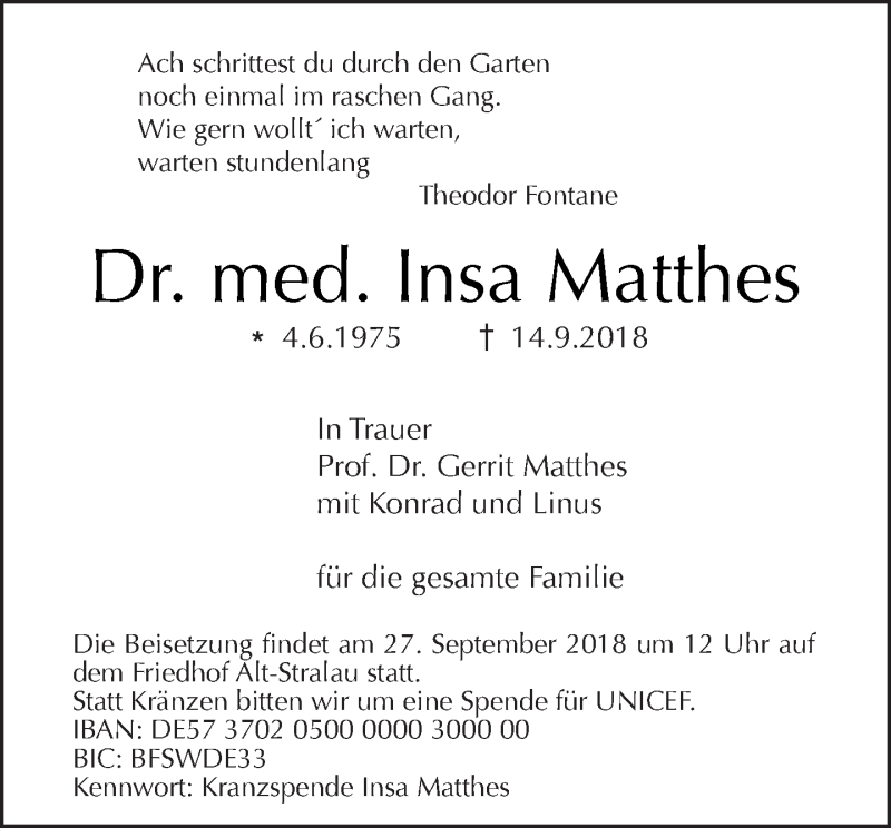  Traueranzeige für Insa Matthes vom 25.09.2018 aus Tagesspiegel