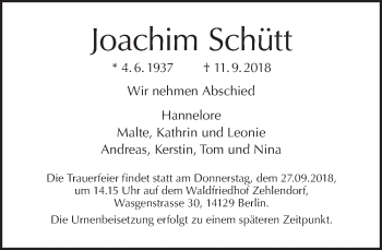 Traueranzeige von Joachim Schütt von Tagesspiegel