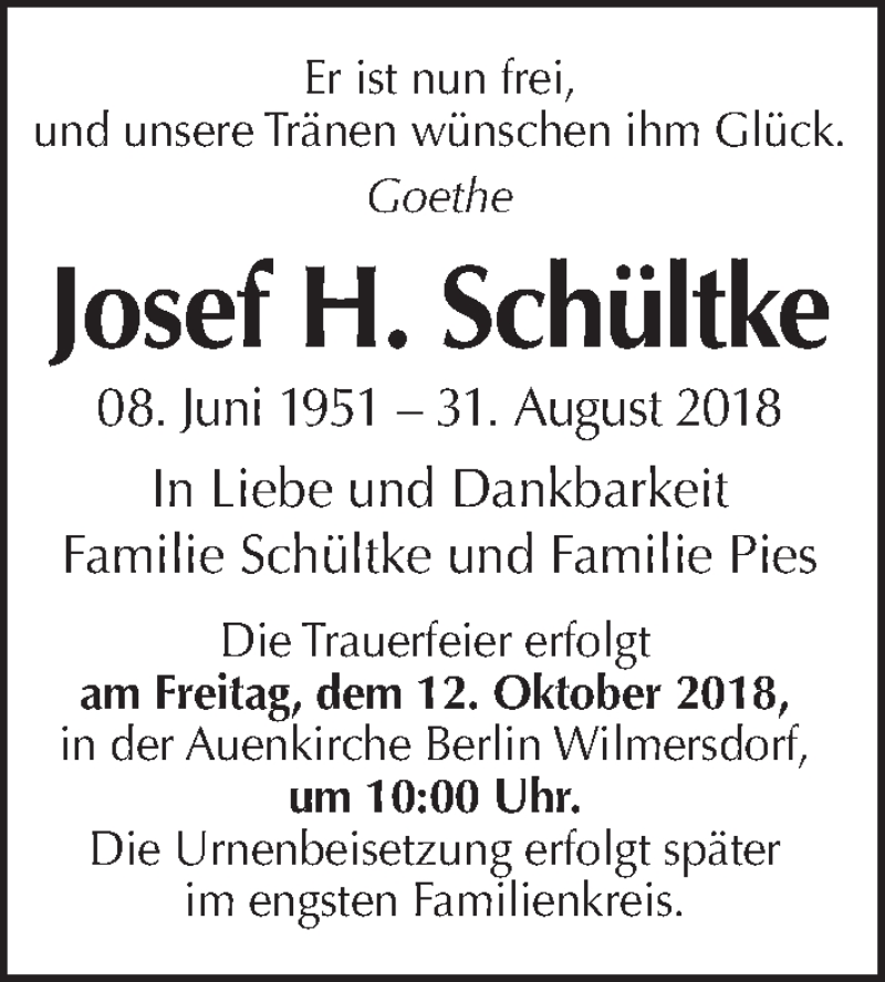  Traueranzeige für Josef H. Schültke vom 16.09.2018 aus Tagesspiegel