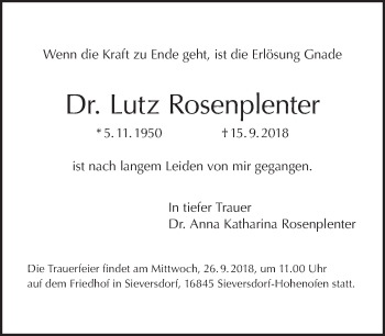 Traueranzeige von Lutz Rosenplenter von Tagesspiegel