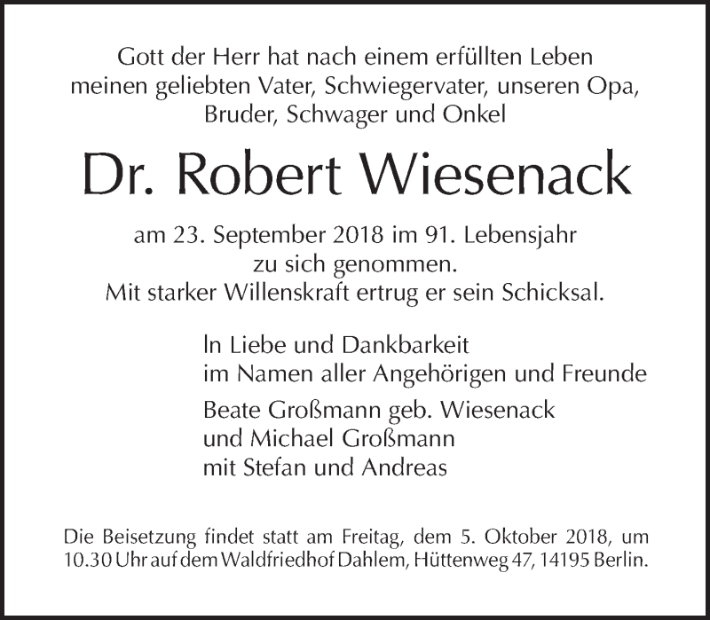  Traueranzeige für Robert Wiesenack vom 30.09.2018 aus Tagesspiegel