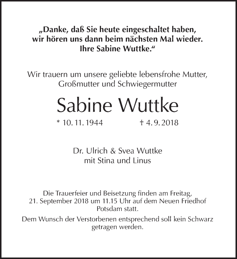  Traueranzeige für Sabine Wuttke vom 16.09.2018 aus Tagesspiegel