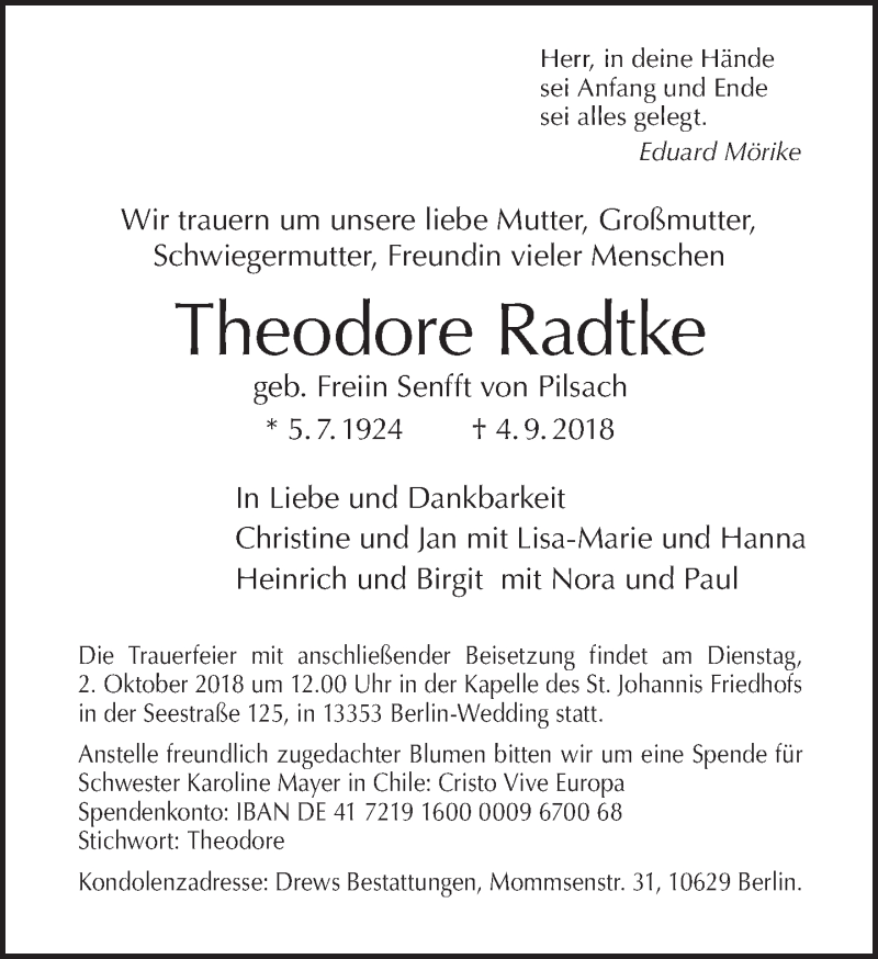  Traueranzeige für Theodore Radtke vom 16.09.2018 aus Tagesspiegel