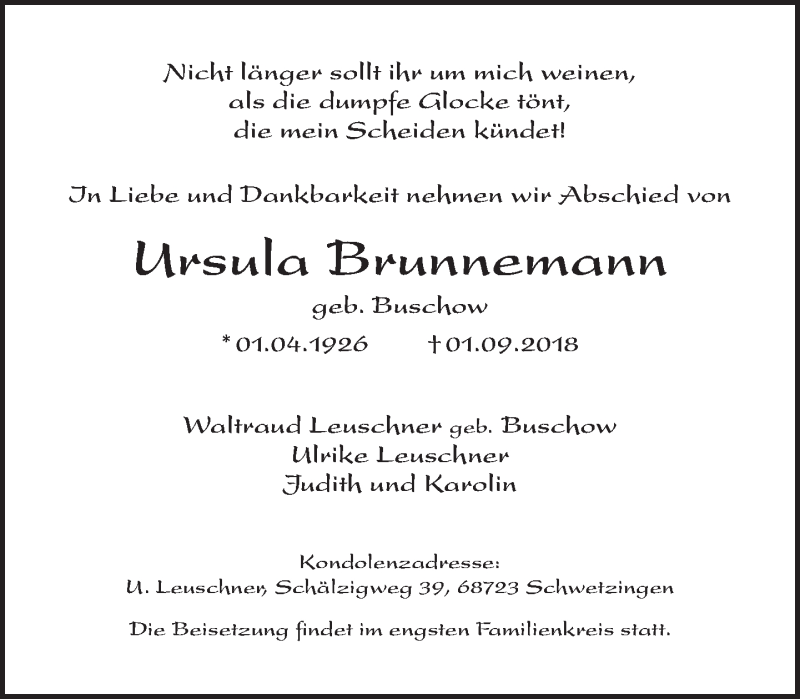  Traueranzeige für Ursula Brunnemann vom 09.09.2018 aus Tagesspiegel