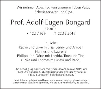 Traueranzeige von Adolf-Eugen Bongard von Tagesspiegel