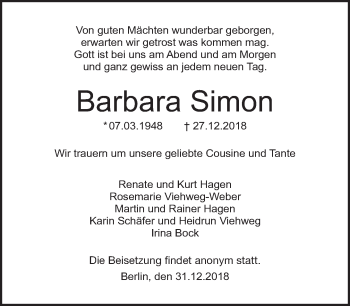 Traueranzeige von Barbara Simon von Tagesspiegel