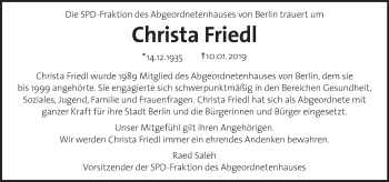 Traueranzeige von Christa Friedl von Tagesspiegel