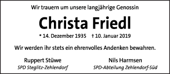 Traueranzeige von Christa Friedl von Tagesspiegel