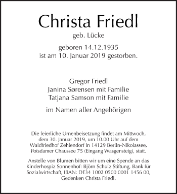 Traueranzeige von Christa Friedl von Tagesspiegel