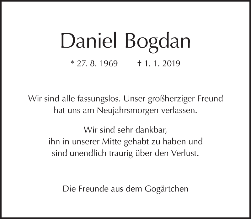  Traueranzeige für Daniel Bogdan vom 06.01.2019 aus Tagesspiegel