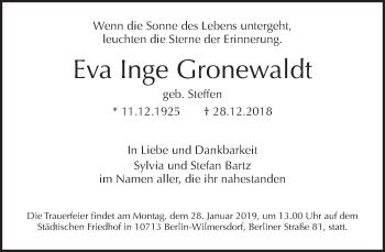 Traueranzeige von Eva Inge Gronewaldt von Tagesspiegel