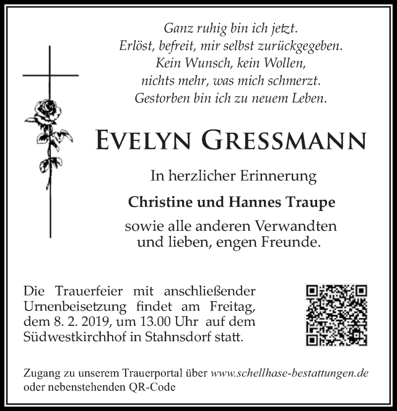  Traueranzeige für Evelyn Greßmann vom 20.01.2019 aus Tagesspiegel