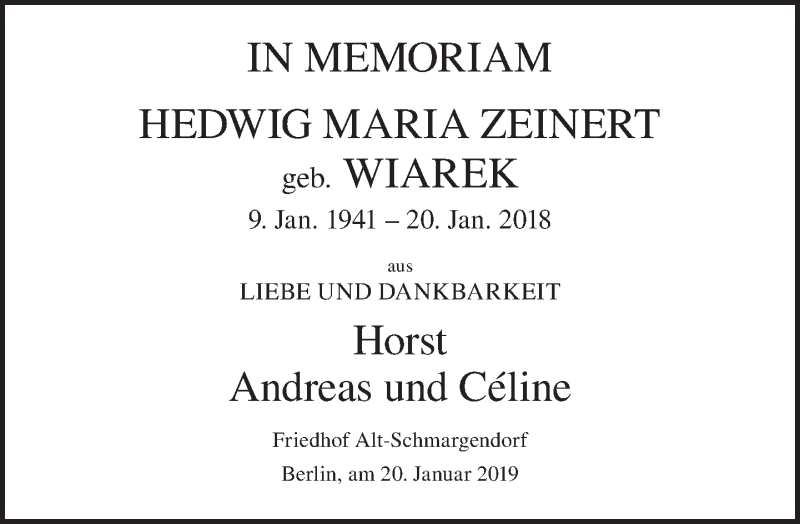  Traueranzeige für Hedwig Maria Zeinert vom 20.01.2019 aus Tagesspiegel