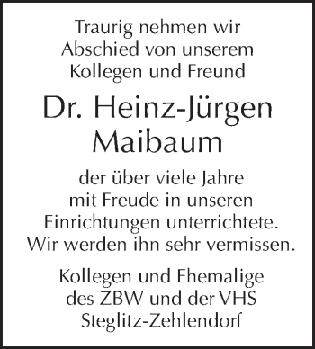 Traueranzeige von Heinz-Jürgen Maibaum von Tagesspiegel