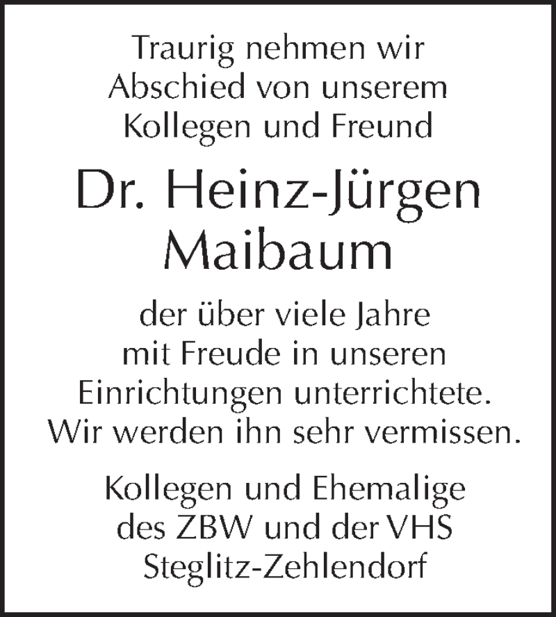  Traueranzeige für Heinz-Jürgen Maibaum vom 20.01.2019 aus Tagesspiegel