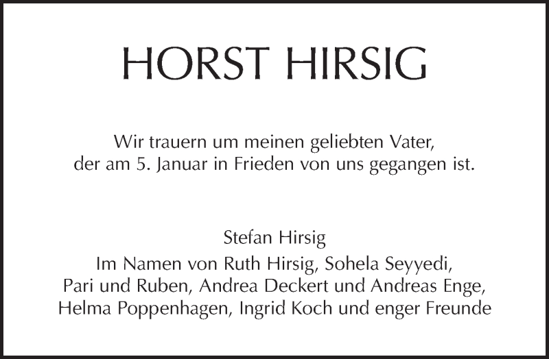  Traueranzeige für Horst Hirsig vom 13.01.2019 aus Tagesspiegel